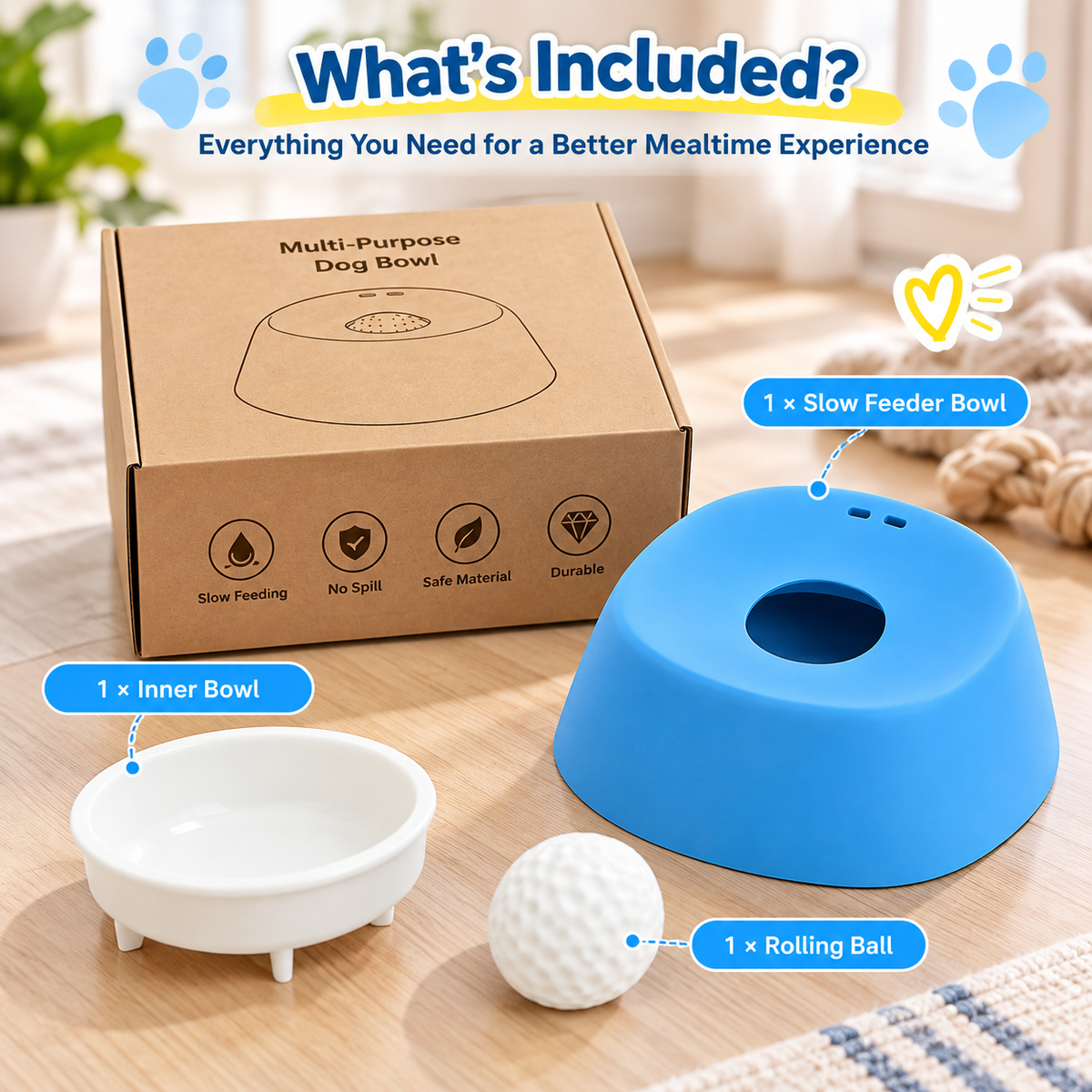Interactive Slow Feeder Dog Bowl with Rolling Ball | Less Mess Liquid Treat Bowl