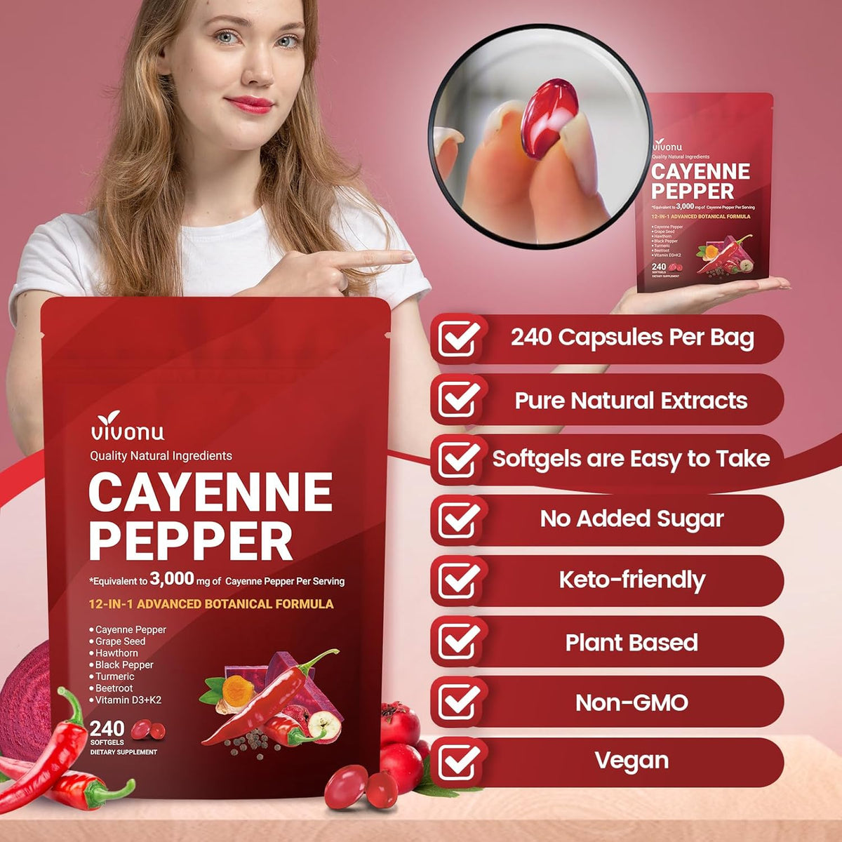 Cayenne Pepper Heart & Vessel Support – Full Spectrum Formula with Vitamins & Botanicals (240ct)
