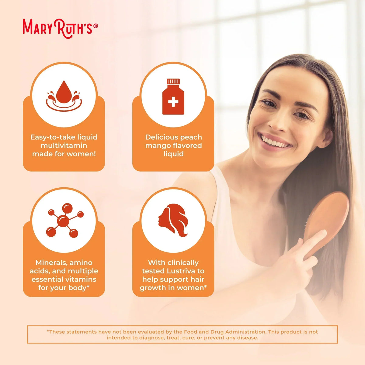 Liquid Multivitamin+Hair Growth | Clinically Tested for Thicker Hair & Facial Wrinkles in Women | Lustriva Hair Growth Supplement | Peach Mango 15 Fl Oz