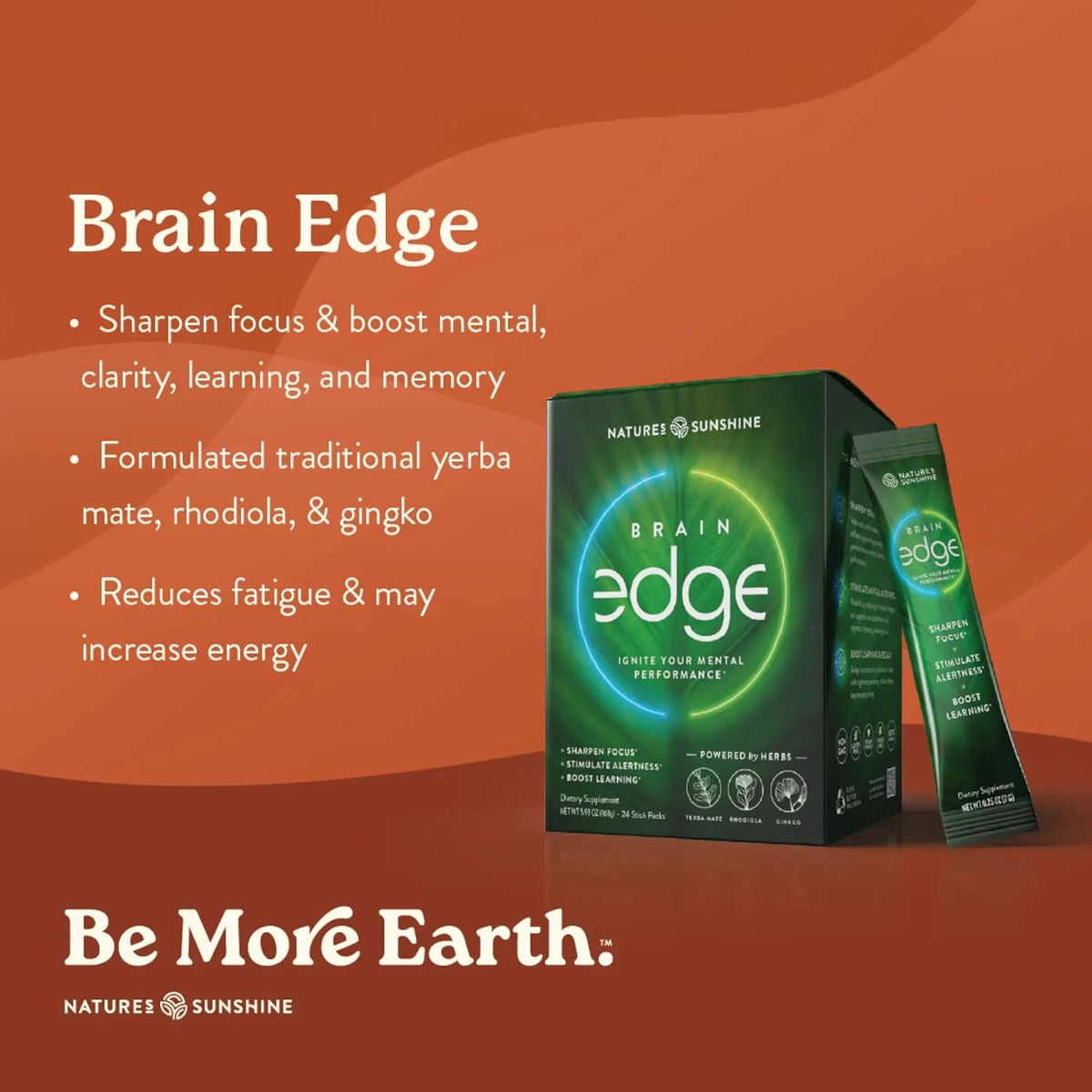 Nature's Sunshine Brain Edge – Mental Clarity, Focus & Energy Drink Mix, Nootropic Herb Blend with Yerba Mate, Ginkgo & Rhodiola, 24 Stick Packs